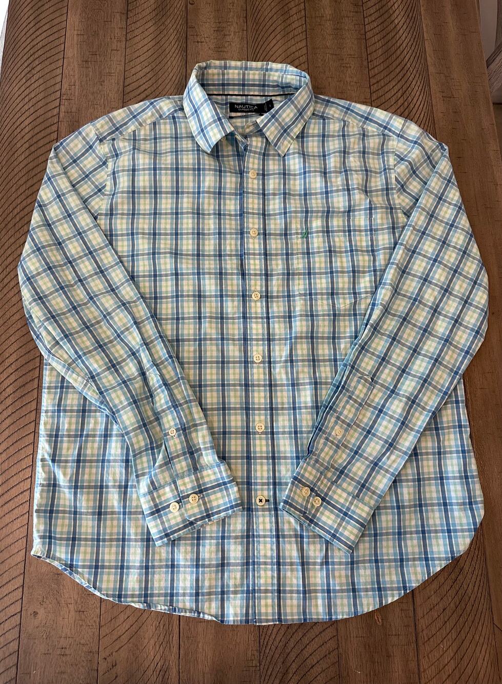 Nautica Men's Long Sleeve Button Down Shirt Large Blue Green Plaid Defect